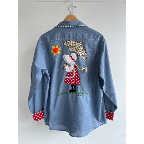 Vtg 70's Holly Hobbie Chambray Button Up Shirt Applique Butterfly Cottagecore - Picture 4 of 8